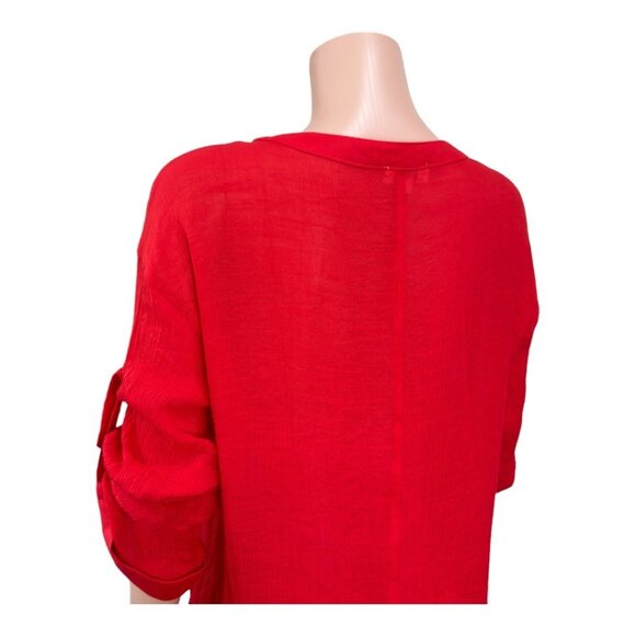 Umgee Women SZ M- Red Woven Knit Top Tunic Pullover Roll Tap Sleeve Faux Pockets - Picture 10 of 15